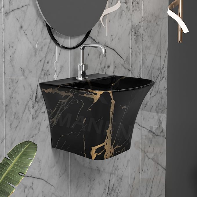 Luxury Wall Mount Half Pedestal Wash Basin for Bathroom | Designer Wall Hung Basin | Wall Mounted Washbasin for Resturent, Hotels (Black Gold Jelly)